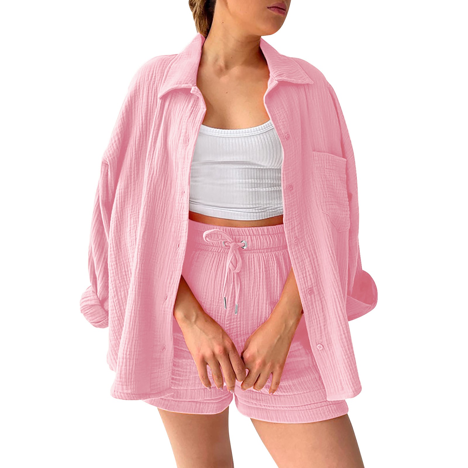 thumbnail image 4 of Conjunto de camisa holgada de solapa y un solo pecho + pantalones rectos de cintura alta para mujer - Mezcla de algodón, transpirable, mangas 7/8, 4 of 4